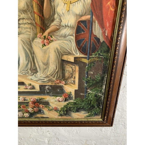 313 - A mid 20th century framed allegorical printed scene on fabric - approx. 92cm high x 122cm wide