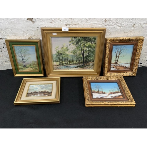 315 - Five mid 20th century framed landscape oil paintings - largest approx. 36cm high x 40cm wide