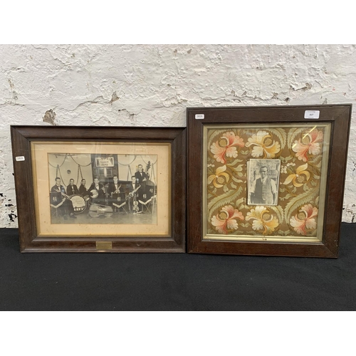 317 - Two antique oak framed photographs, one 19th century embroidered and one Electro Dance Band, dated 1... 