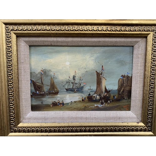 320 - An early 20th century gilt framed oil on board continental seascape, signed lower right - approx. 23... 