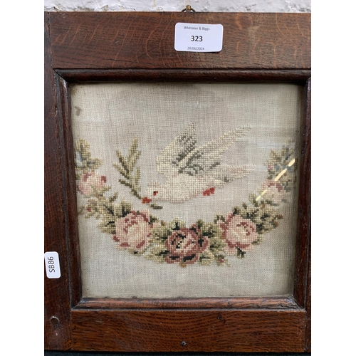 323 - A19th century oak framed cross stitch tapestry - approx. 30cm high x 31cm wide