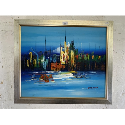 326 - A modern continental acrylic on board of a harbour scene, signed 'Wilkinson' - approx. 60cm high x 7... 