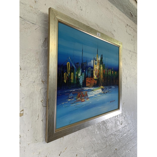 326 - A modern continental acrylic on board of a harbour scene, signed 'Wilkinson' - approx. 60cm high x 7... 