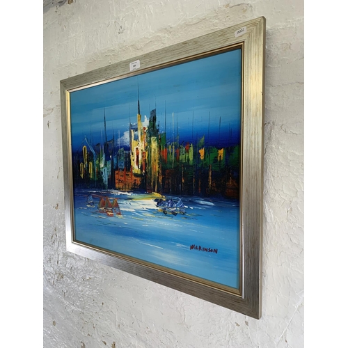 326 - A modern continental acrylic on board of a harbour scene, signed 'Wilkinson' - approx. 60cm high x 7... 