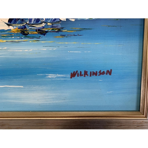 326 - A modern continental acrylic on board of a harbour scene, signed 'Wilkinson' - approx. 60cm high x 7... 