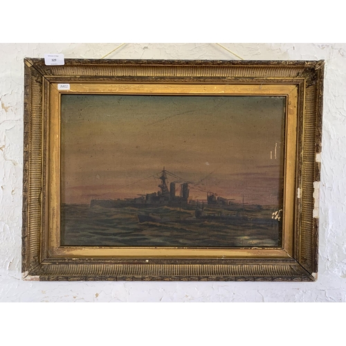 329 - An early 20th century gilt framed oil on canvas of a war ship, signed and dated 1918 - approx. 45cm ... 