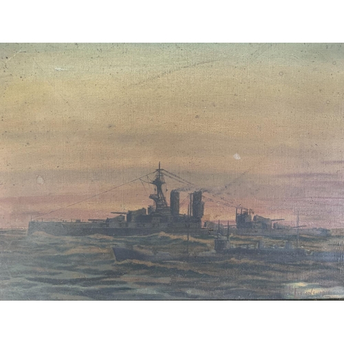 329 - An early 20th century gilt framed oil on canvas of a war ship, signed and dated 1918 - approx. 45cm ... 