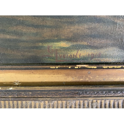 329 - An early 20th century gilt framed oil on canvas of a war ship, signed and dated 1918 - approx. 45cm ... 