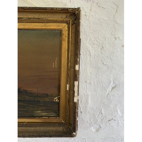 329 - An early 20th century gilt framed oil on canvas of a war ship, signed and dated 1918 - approx. 45cm ... 