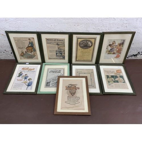 332 - Nine vintage framed advertising prints to include Kellogg's Corn Flakes, Coca-Cola, His Master's Voi... 