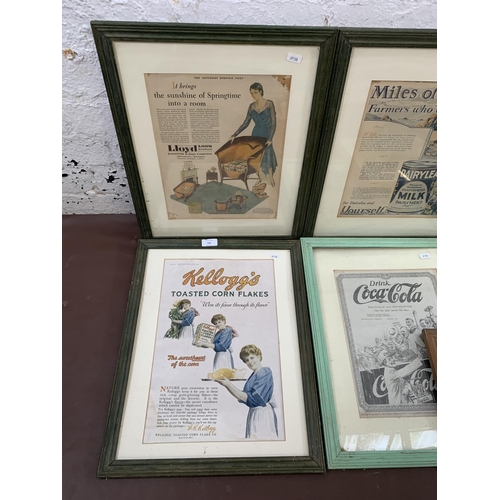 332 - Nine vintage framed advertising prints to include Kellogg's Corn Flakes, Coca-Cola, His Master's Voi... 