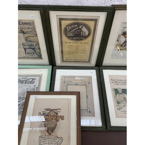 332 - Nine vintage framed advertising prints to include Kellogg's Corn Flakes, Coca-Cola, His Master's Voi... 