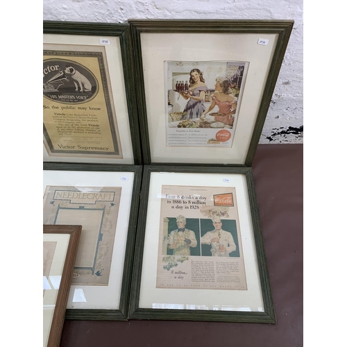 332 - Nine vintage framed advertising prints to include Kellogg's Corn Flakes, Coca-Cola, His Master's Voi... 