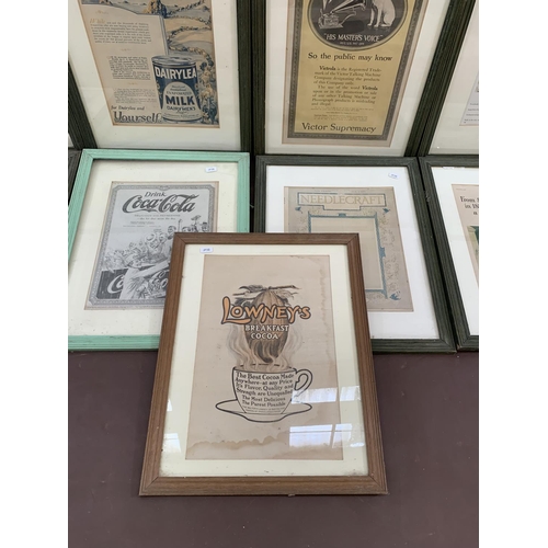 332 - Nine vintage framed advertising prints to include Kellogg's Corn Flakes, Coca-Cola, His Master's Voi... 