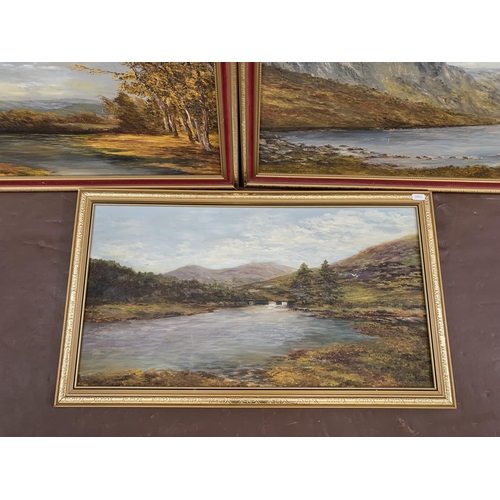 334 - Three mid 20th century oil on board landscapes - largest approx. 39cm high x 81cm wide