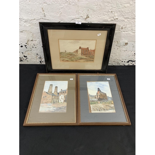 338 - Three framed watercolour paintings, two mid 20th century Staffordshire Pottery scenes signed S. R. M... 