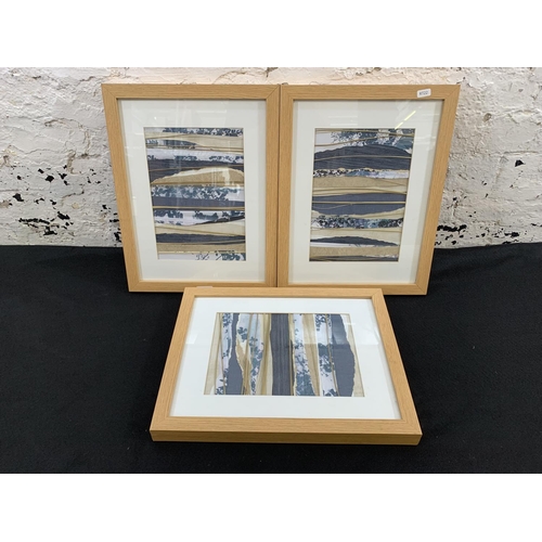 340 - Three modern framed abstract collage landscapes - approx. 44cm high x 34cm wide