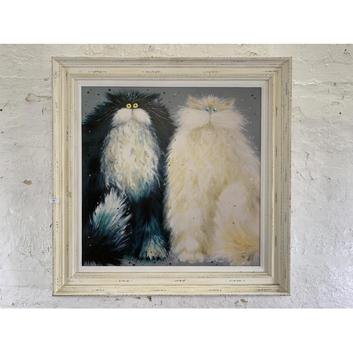 343 - A modern framed Kim Haskins limited edition 40/95 textured print of two cats signed lower right - ap... 