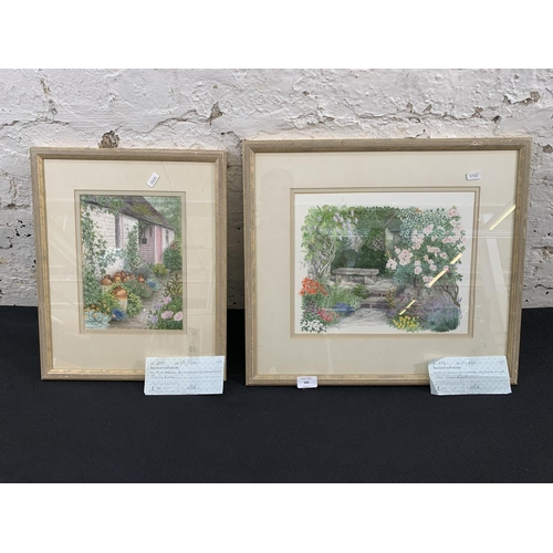 346 - Two framed Valerie Wright watercolour paintings of garden scenes signed lower left and dated 1987 - ... 