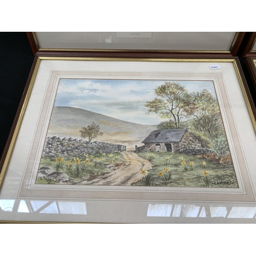 358 - Four framed pictures, two watercolour landscapes signed G. Waters and two landscape prints - largest... 