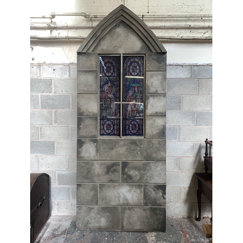 37 - A painted wooden church window theatre prop - approx. 304cm high x 122cm wide