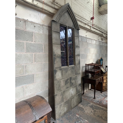 37 - A painted wooden church window theatre prop - approx. 304cm high x 122cm wide