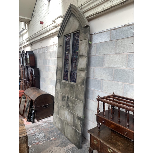 37 - A painted wooden church window theatre prop - approx. 304cm high x 122cm wide