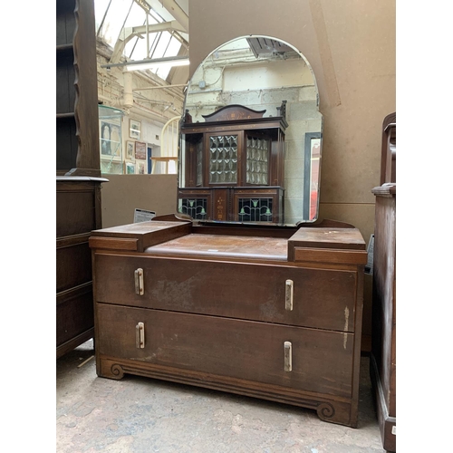 51 - An Art Deco style oak and walnut dressing table with upper bevelled edge mirror - approx. 153cm high... 