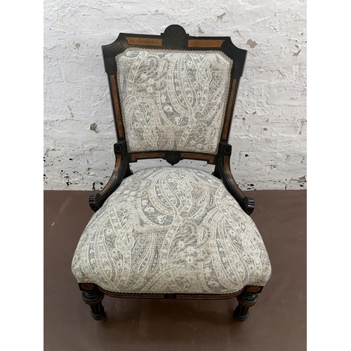 64 - A 19th Century Aesthetic Movement ebonised and burr walnut framed fabric upholstered bedroom chair -... 