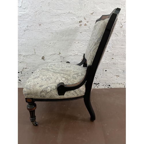 64 - A 19th Century Aesthetic Movement ebonised and burr walnut framed fabric upholstered bedroom chair -... 