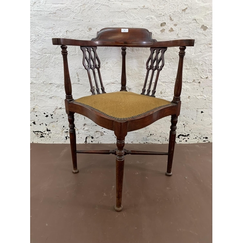 65 - An Edwardian inlaid mahogany and fabric upholstered corner chair - approx. 76cm high x 60cm wide x 5... 