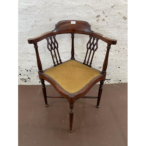 65 - An Edwardian inlaid mahogany and fabric upholstered corner chair - approx. 76cm high x 60cm wide x 5... 