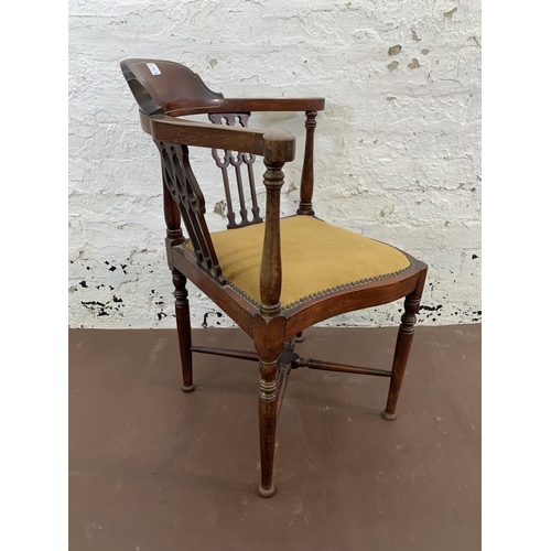 65 - An Edwardian inlaid mahogany and fabric upholstered corner chair - approx. 76cm high x 60cm wide x 5... 