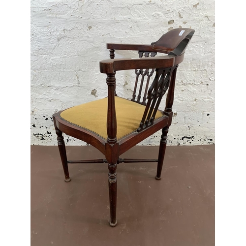 65 - An Edwardian inlaid mahogany and fabric upholstered corner chair - approx. 76cm high x 60cm wide x 5... 