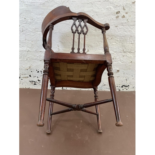 65 - An Edwardian inlaid mahogany and fabric upholstered corner chair - approx. 76cm high x 60cm wide x 5... 