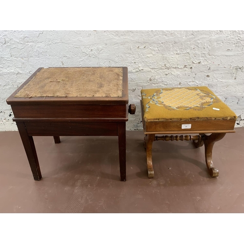 67 - Two Victorian stools, one mahogany and fabric upholstered adjustable piano stool and one walnut and ... 