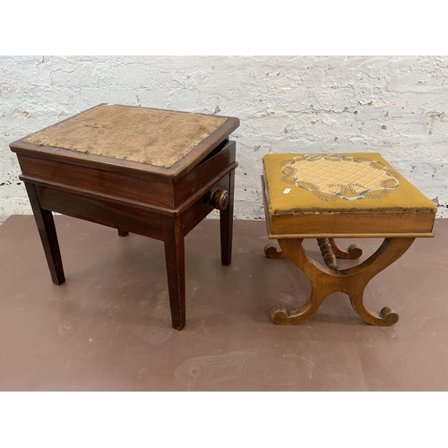 67 - Two Victorian stools, one mahogany and fabric upholstered adjustable piano stool and one walnut and ... 