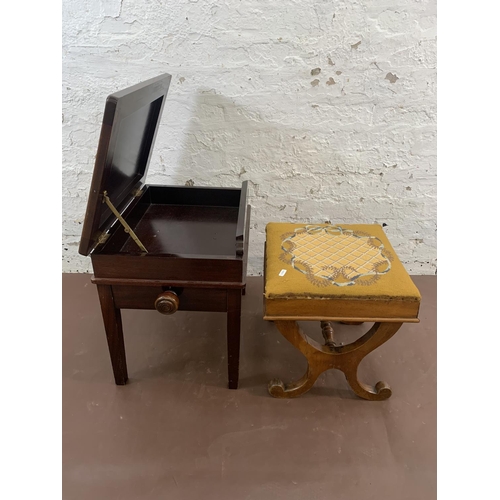 67 - Two Victorian stools, one mahogany and fabric upholstered adjustable piano stool and one walnut and ... 
