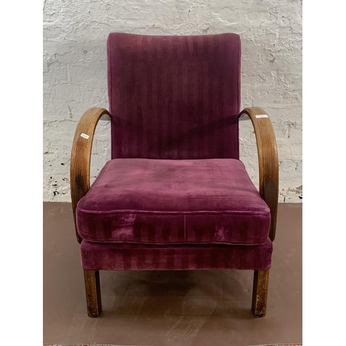 74 - An Art Deco bentwood and purple fabric upholstered armchair - approx. 83cm high x 62cm wide x 65cm d... 