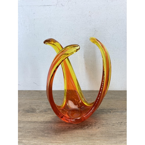 496 - Five pieces of glassware, four coloured art glass - largest approx. 25cm high and one clear glass as... 