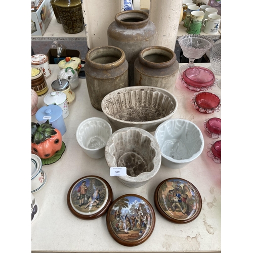 509 - Ten pieces of 19th century pottery to include three Staffordshire Prattware ceramic pot lids to incl... 