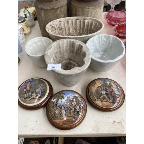 509 - Ten pieces of 19th century pottery to include three Staffordshire Prattware ceramic pot lids to incl... 