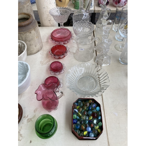 510 - A collection of antique and later glassware to include Edwardian decanter, five pieces of cranberry ... 