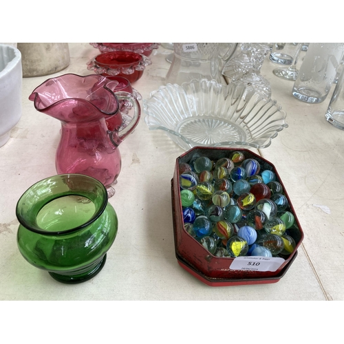 510 - A collection of antique and later glassware to include Edwardian decanter, five pieces of cranberry ... 