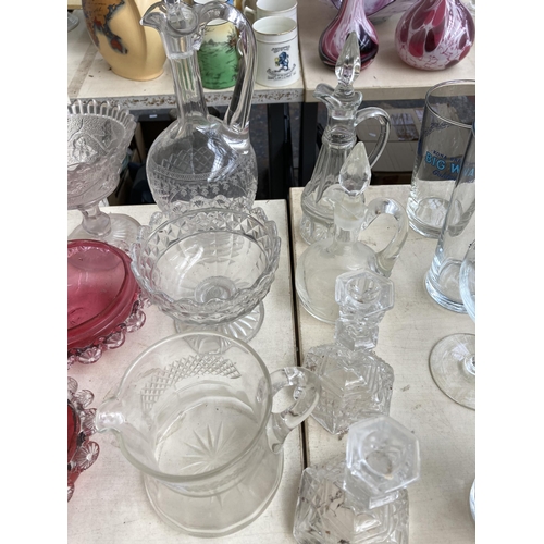 510 - A collection of antique and later glassware to include Edwardian decanter, five pieces of cranberry ... 