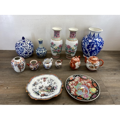 514 - Thirteen pieces of Oriental ceramics to include Japanese Kutani teapot, blue and white Prunus Blosso... 