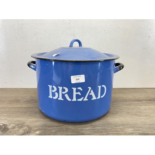 525 - A mid 20th century blue and white enamel two handled lidded bread bin - approx. 20cm high x 30cm dia... 