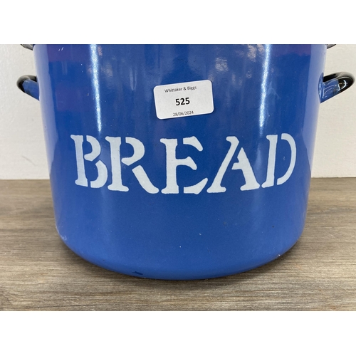 525 - A mid 20th century blue and white enamel two handled lidded bread bin - approx. 20cm high x 30cm dia... 