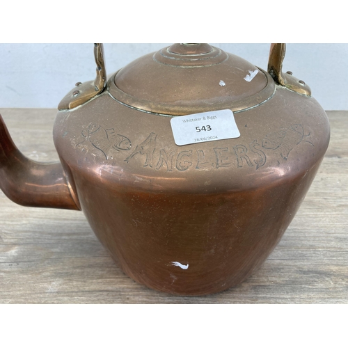 543 - A 19th century William Soutter & Sons copper kettle with engraved 'The Jolly Anglers' fishing design... 