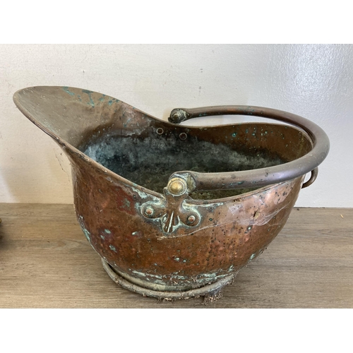 549 - A collection of 19th century and later metalware to include beaten copper helmet coal scuttle, vinta... 